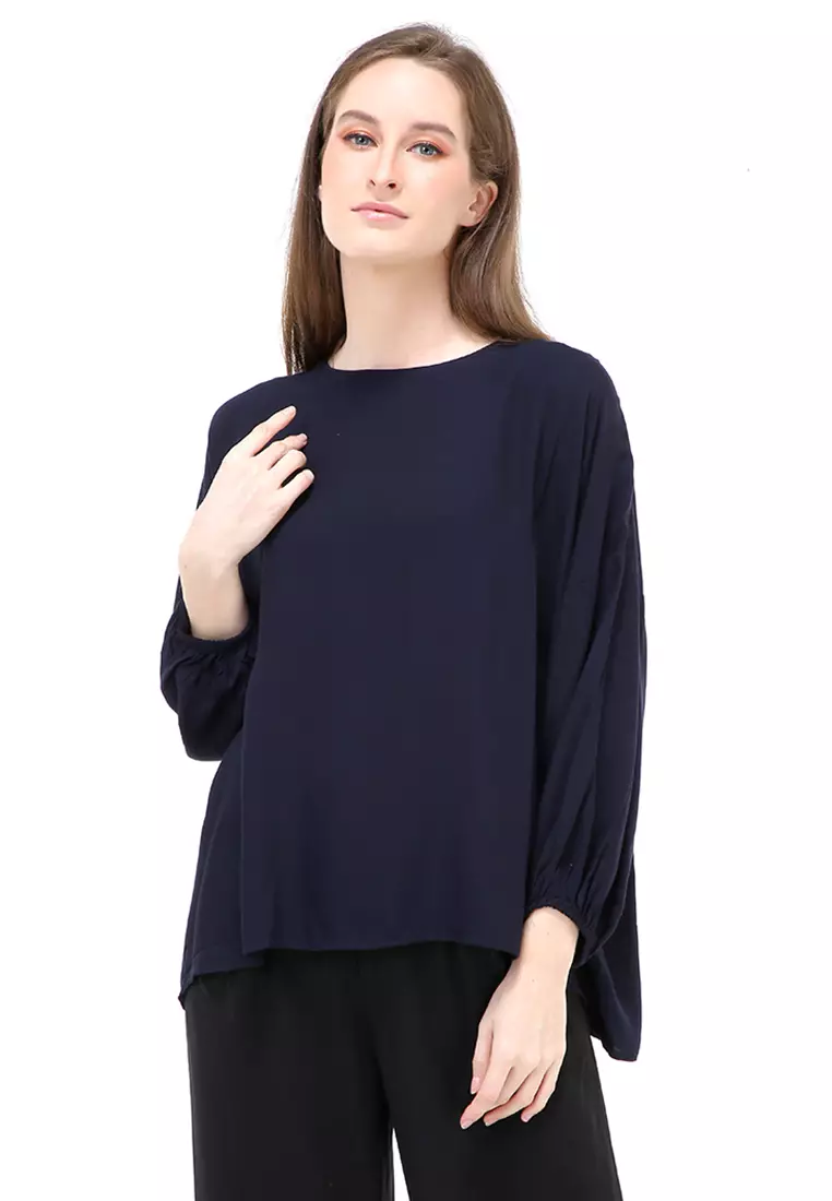 Jennifer Blouse Long Sleeves Wanita Motif Polos Atasan Casual - Navy