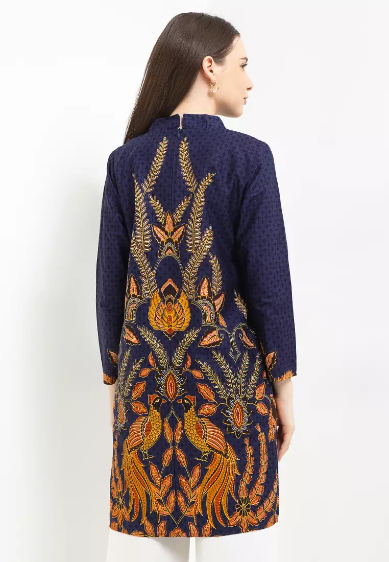 Tunik Muslim Atasan Wanita Batik Katun Premium Visilia Raya Lengan Panjang Blue