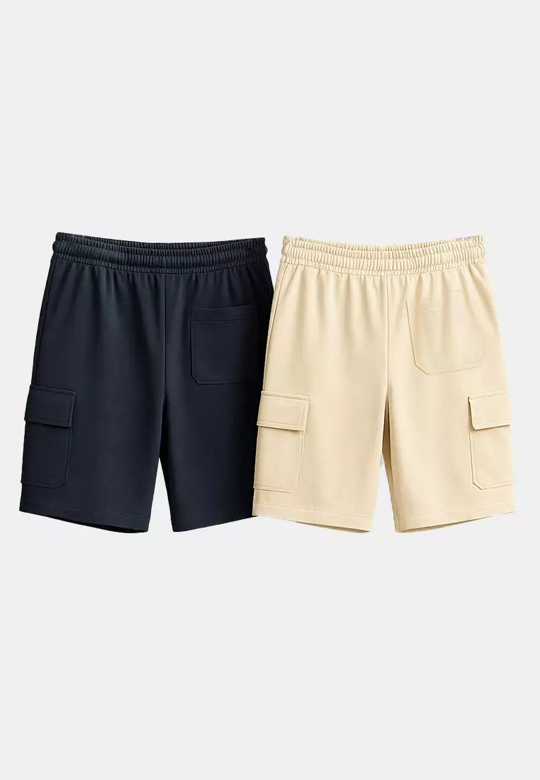 Navy Blue-Stone 2-Pack Regular/Normal Cut Cargo Pocket Drawcord Elastic Waist Shorts