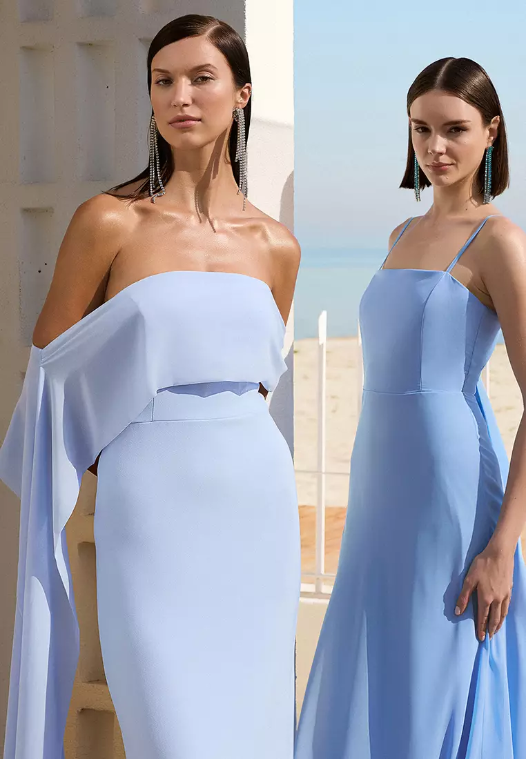Light Blue Carmen Collar Woven Long Elegant Evening Night Graduation Dress TPRSS25AE00115