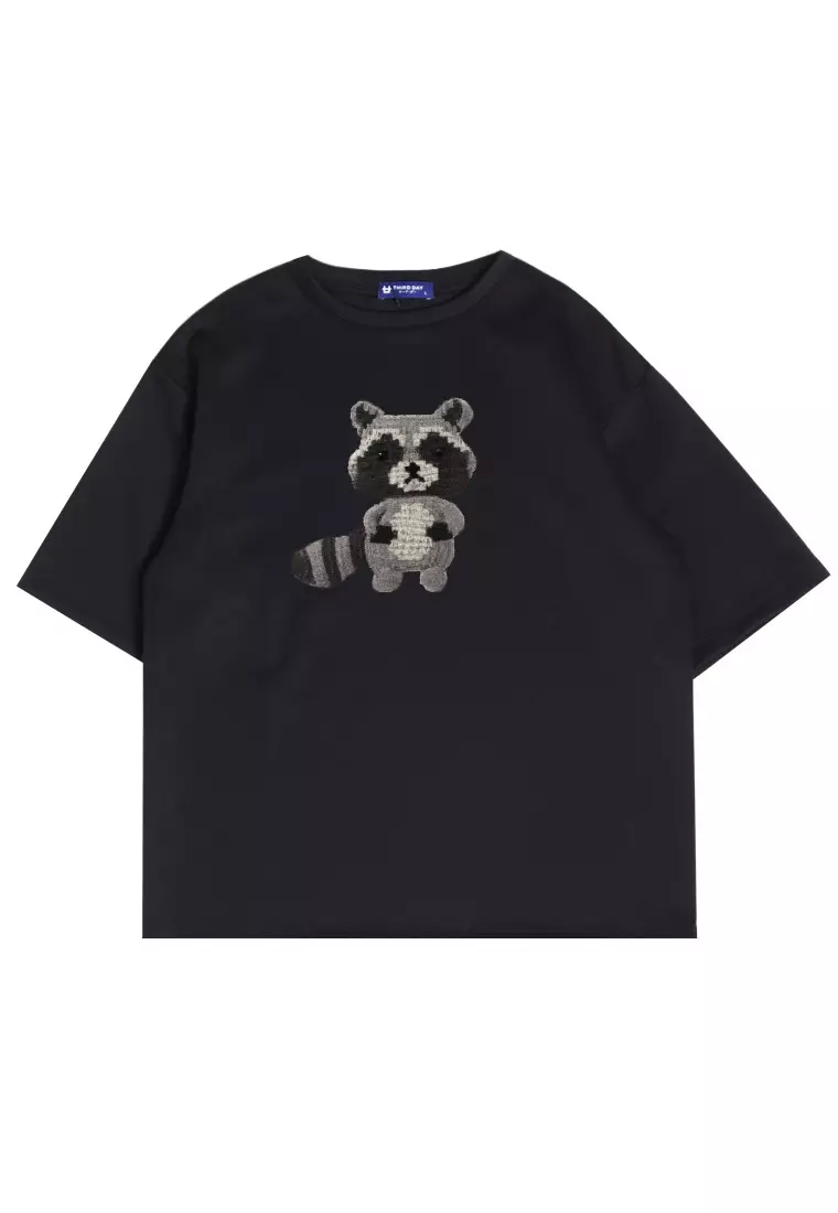 MTO86 kaos oversize gambar kucing racoon efek knitted rajut scuba bahan tebal distro pria hitam