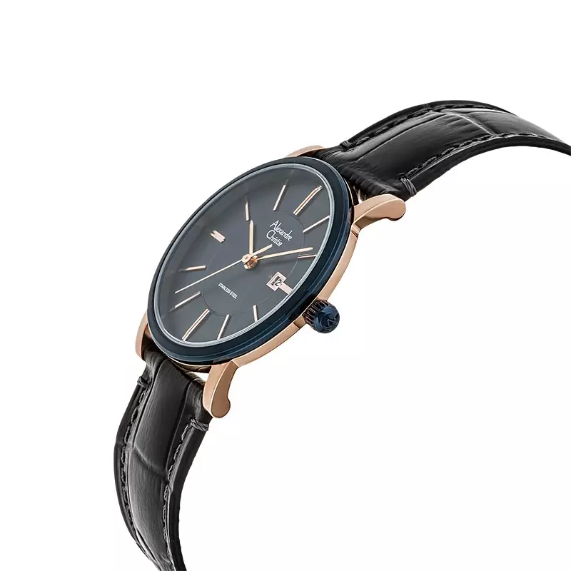 Jam Tangan Wanita Alexandre Christie AC 8344 LD LURBU Ladies Blue Dial Black Leather Strap