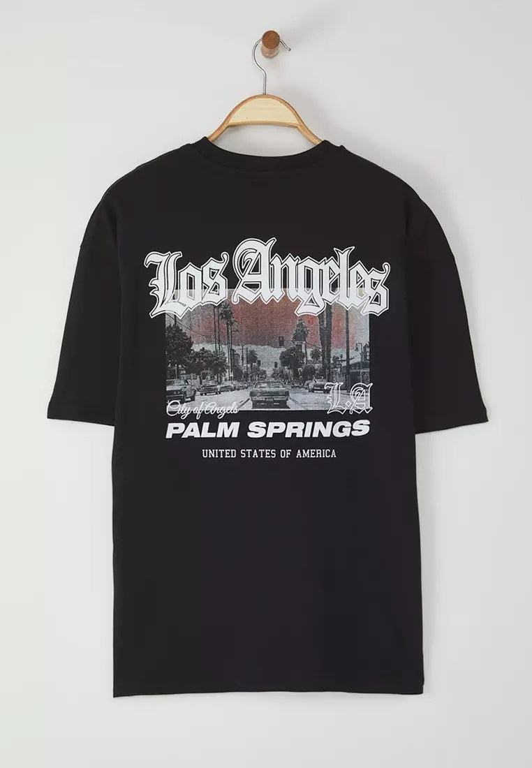 Black Oversize/Wide Cut 100% Cotton Back Printed Los Angeles Printed T-Shirt TMNSS23TS00168
