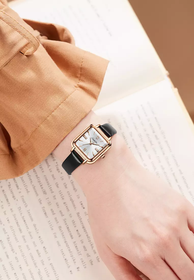 Jam Tangan Wanita Fashion Tali Kulit Jam Analog Kecil Gaya Korea Barsh Jam Tangan cewek black white