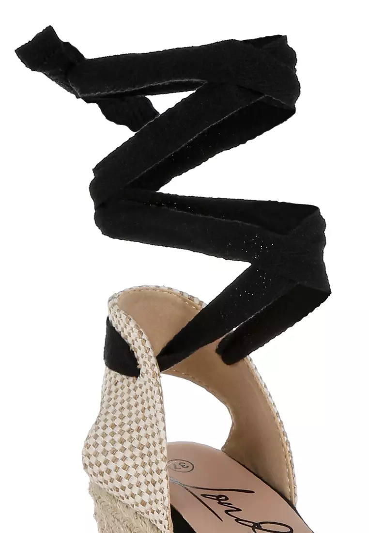 Black Woven Lace-Up Espadrille Wedges
