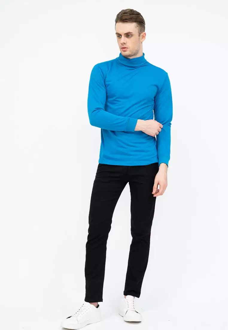 Turtle Neck pria lengan panjang biru muda kaos kerah tinggi slim fit houseofcuff