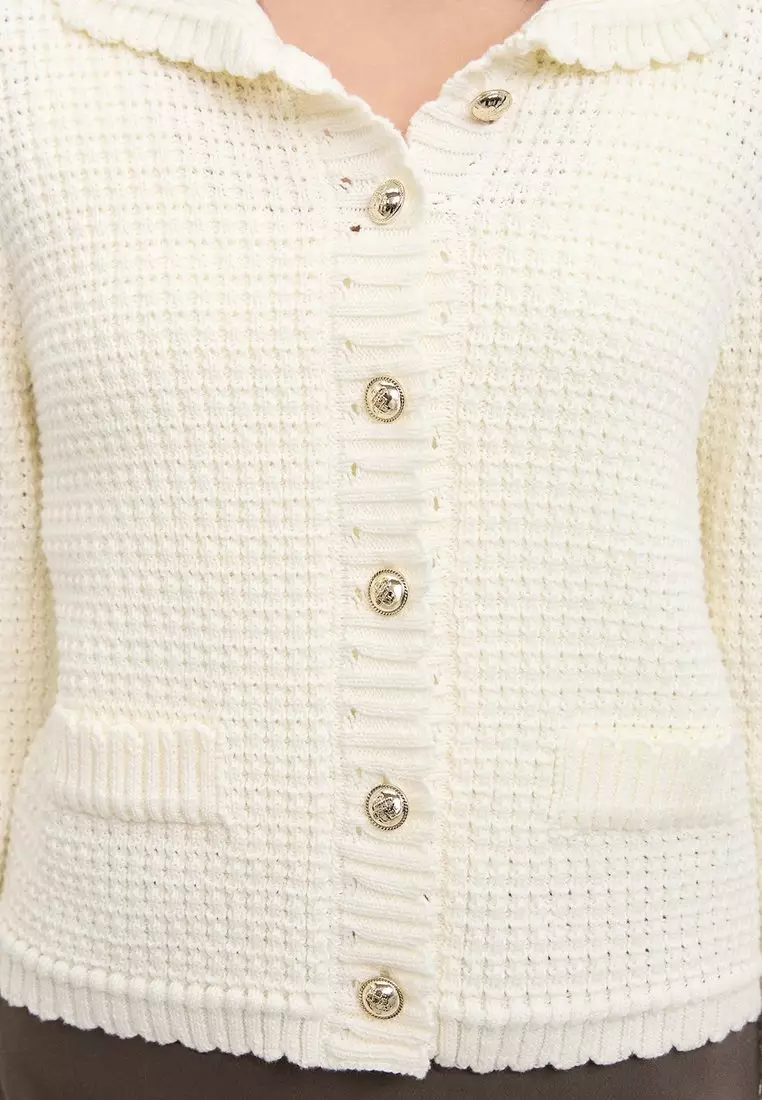 Waffle-Knit Collared Cardigan - Ivory