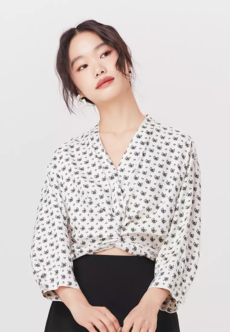 Allover Ribbon Design Crop Top with Front Tie