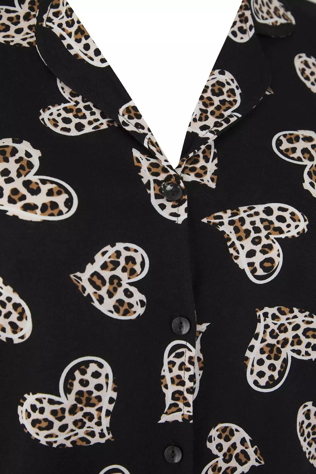 Black 100% Cotton Heart & Leopard Patterned Shirt-Pants Knitted Pajama Set Tbbaw26Ai00017