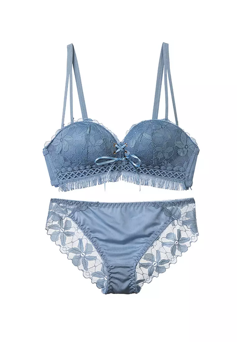 Buy ZITIQUE Women's Japanese Style Cute Lace Floral Pattern Lingerie Set  (Bra and Underwear) - Blue 2024 Online