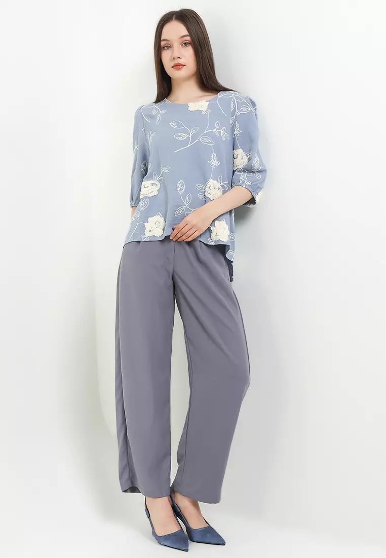 Puff Sleeves Sherpa Emb Blouse