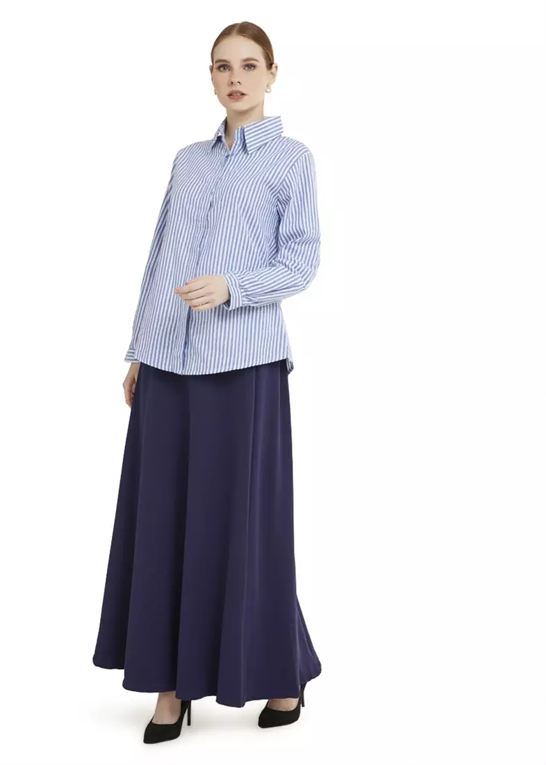Kemeja Salur Basic Lengan Panjang Garis Shirt Wanita - Blue