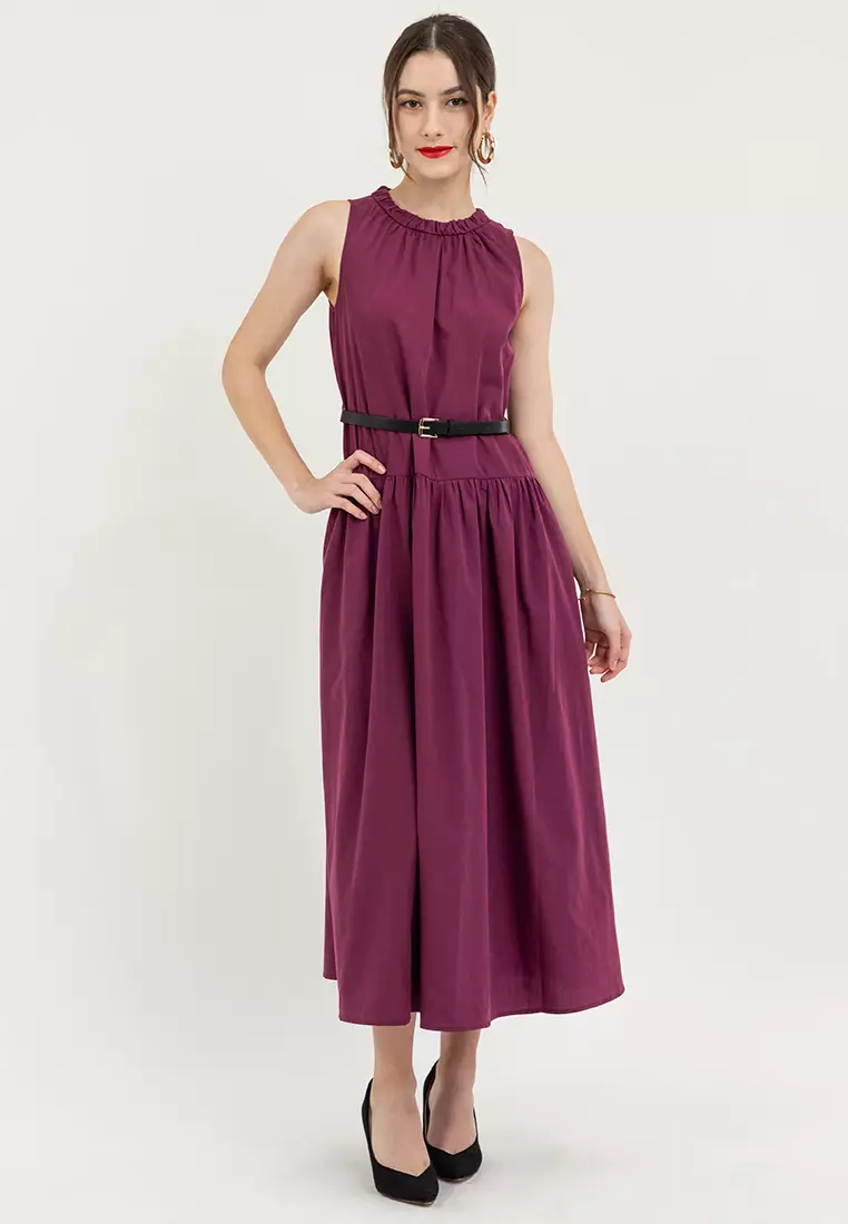 Cherino Shirred Neckline Belted Dress