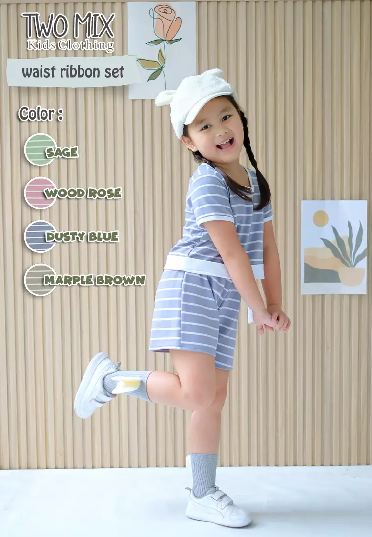 Two Mix - Baju Setelan Anak Perempuan Celana Pendek Salur 1-8 Tahun 4366 Dusty Blue