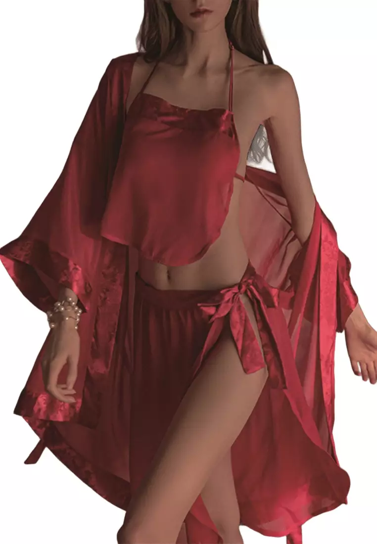LDZ5063 Lady Sexy Lace Sleepwear Three Pieces Set  Red