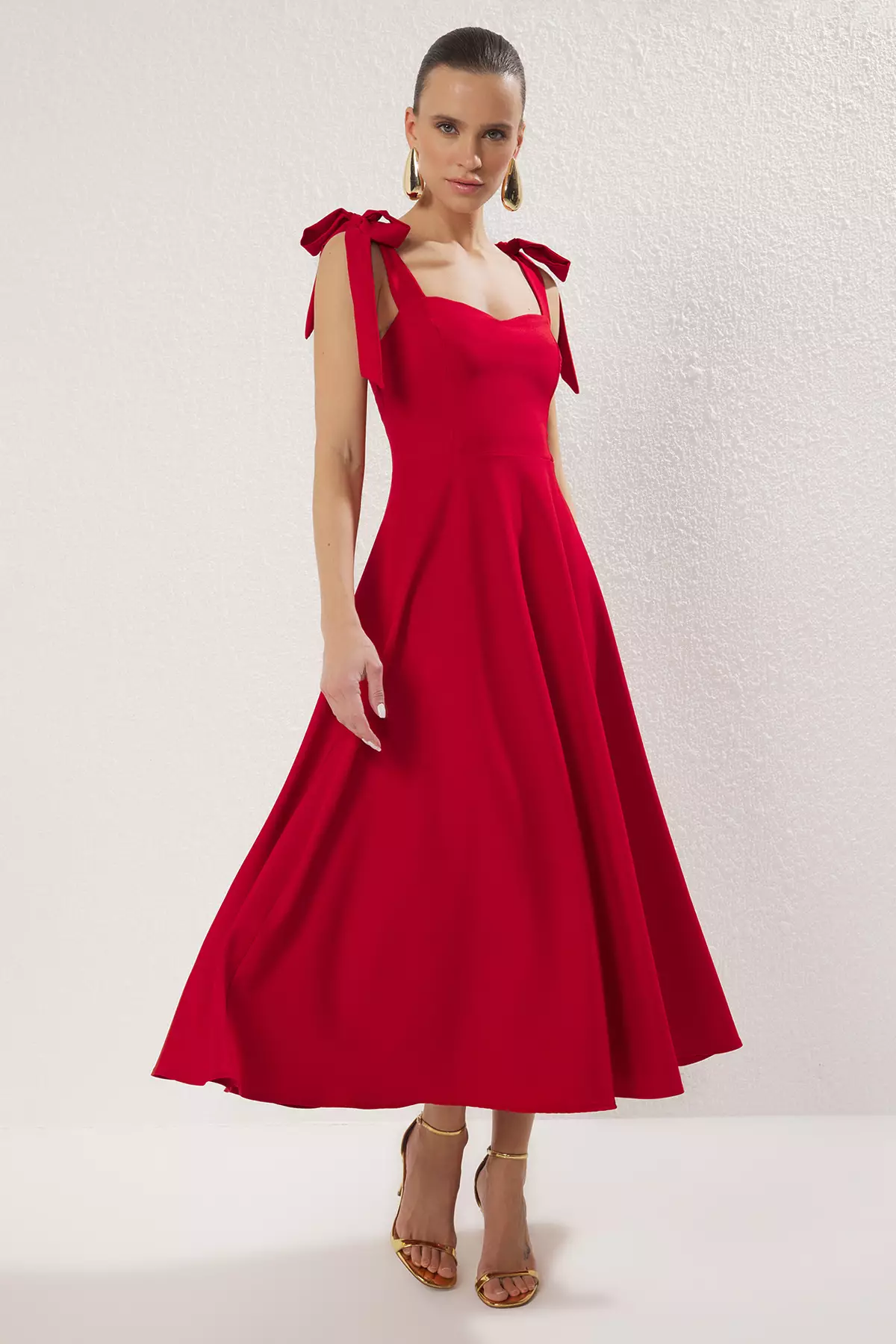 Red A-Line Strap Detailed Woven Midi Chic Evening Prom Dress TPRSS24EL00251