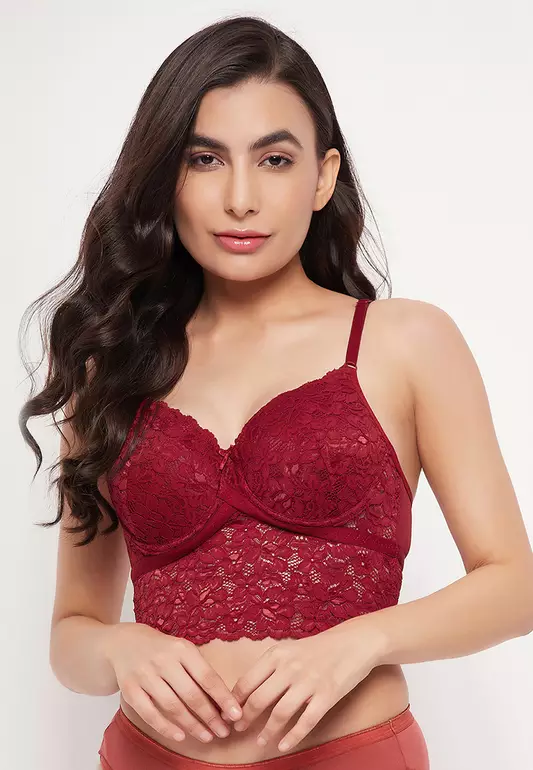 Clovia Padded Underwired Full Cup Longline Bralette in Maroon - Lace