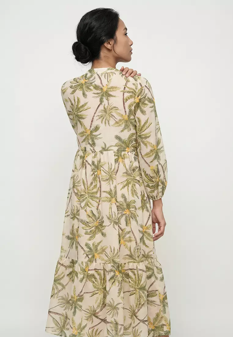 Tropical Print Long Sleeve Voile Beach Dress-Fall in Love E7745Ax25Sp