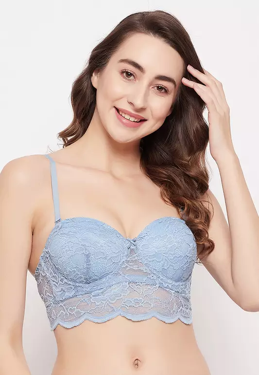 Clovia Padded Underwired Full Cup Multiway Strapless Bralette in Baby Blue - Lace