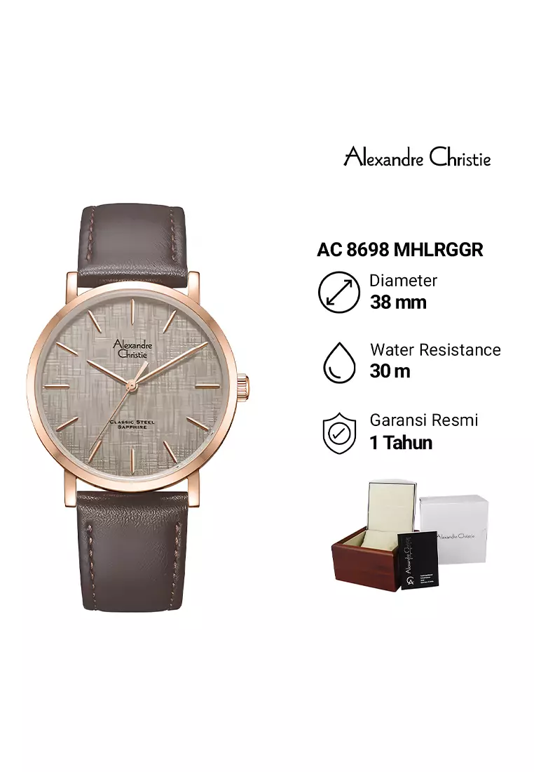 Alexandre Christie Sapphire - Jam Tangan Analog Pria - Rosegold Case Brown Leather Strap - 8698 MHLRGGR