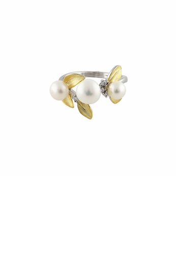 Glamorousky white 925 Sterling Silver Fashion Simple Golden Leaves Freshwater Pearl Adjustable Open Ring 7D122AC0B311ACGS_1