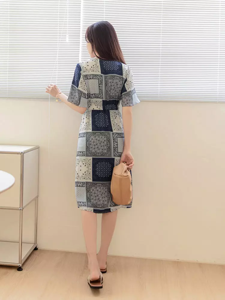 Printed waist tie long tunic dress [EA3353]