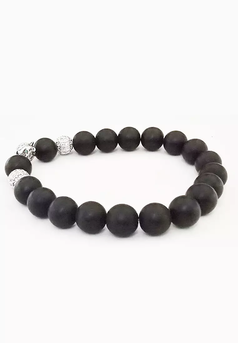 Aksesoris Wanita Diamante Jaguar Obsidian Beads Bracelet Gelang Wanita Black & Silver