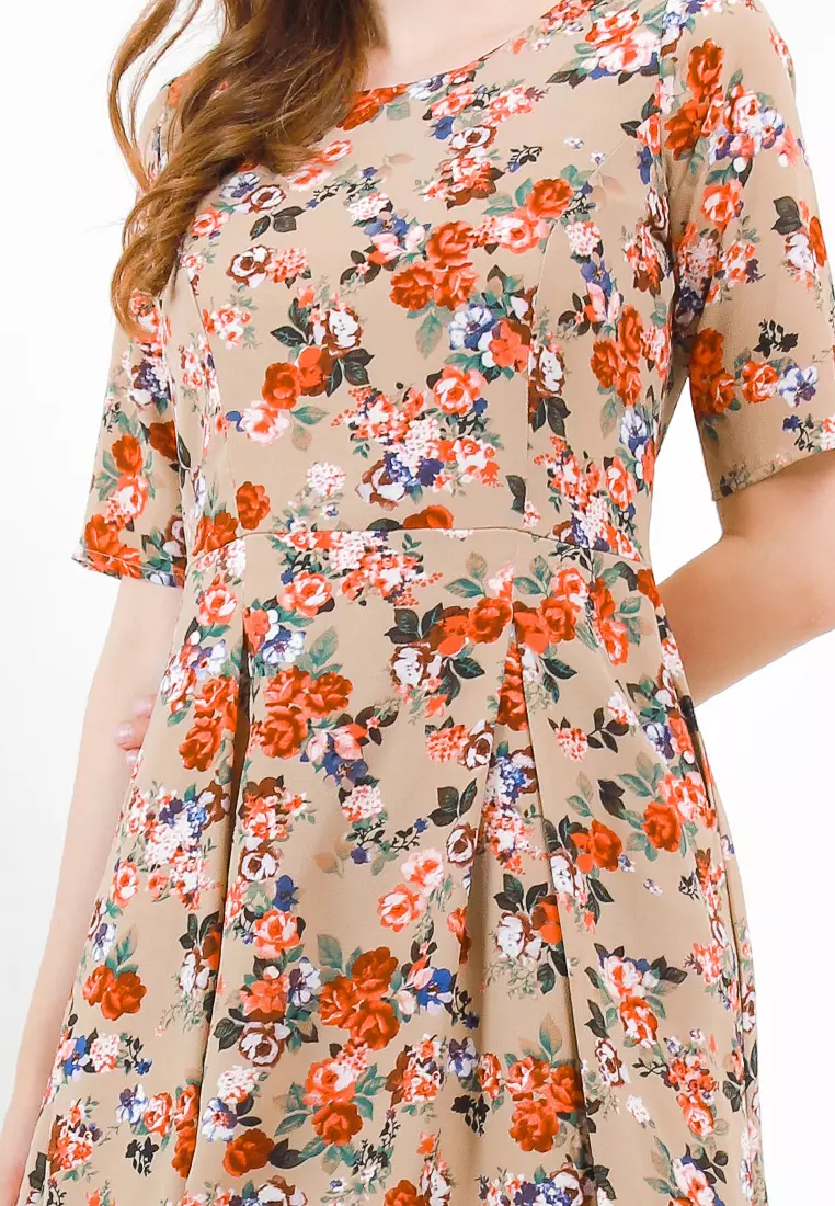 Shira Floral Print Dress In Brown