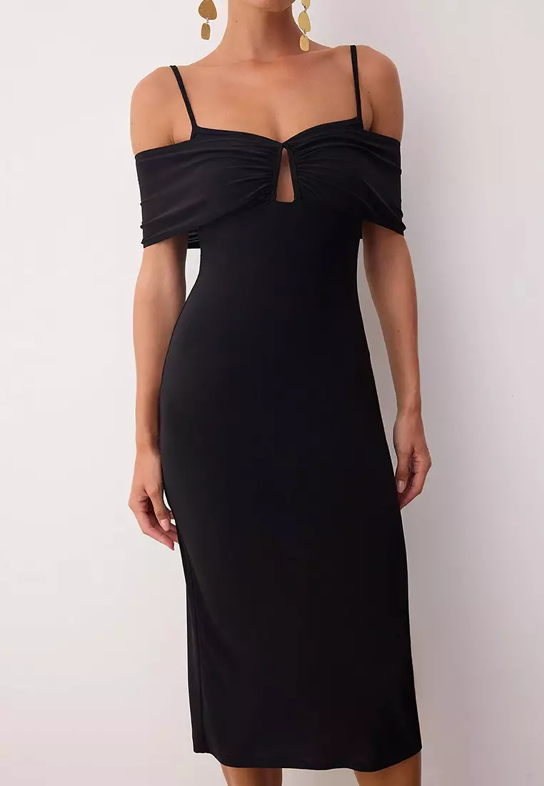Black Plain Accessory Detailed Knitted Sandy Midi Unlined Cocktail Dress Tpraw26El00000