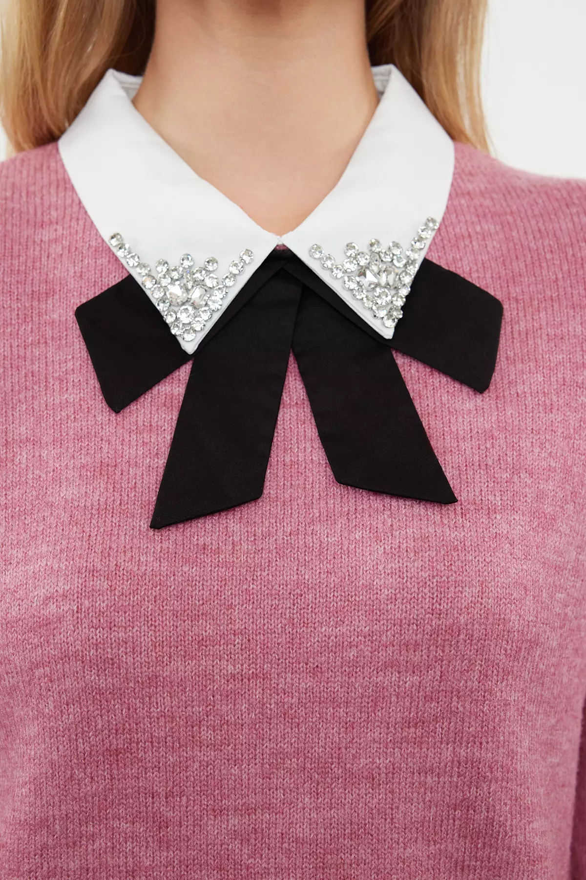 Dusty Rose Soft Texture Shirt Garnished Ribbon/Bow Detailed Stone Knitted Sweater