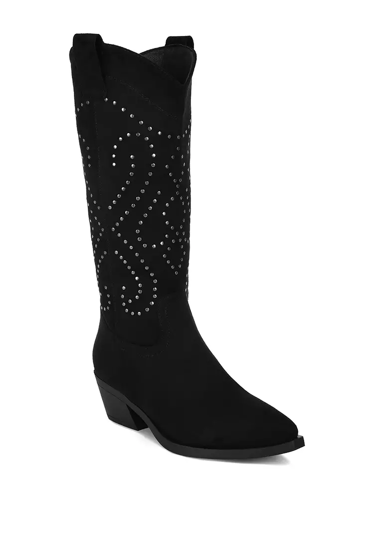 Studs Embellished Cowboy Boots in Black
