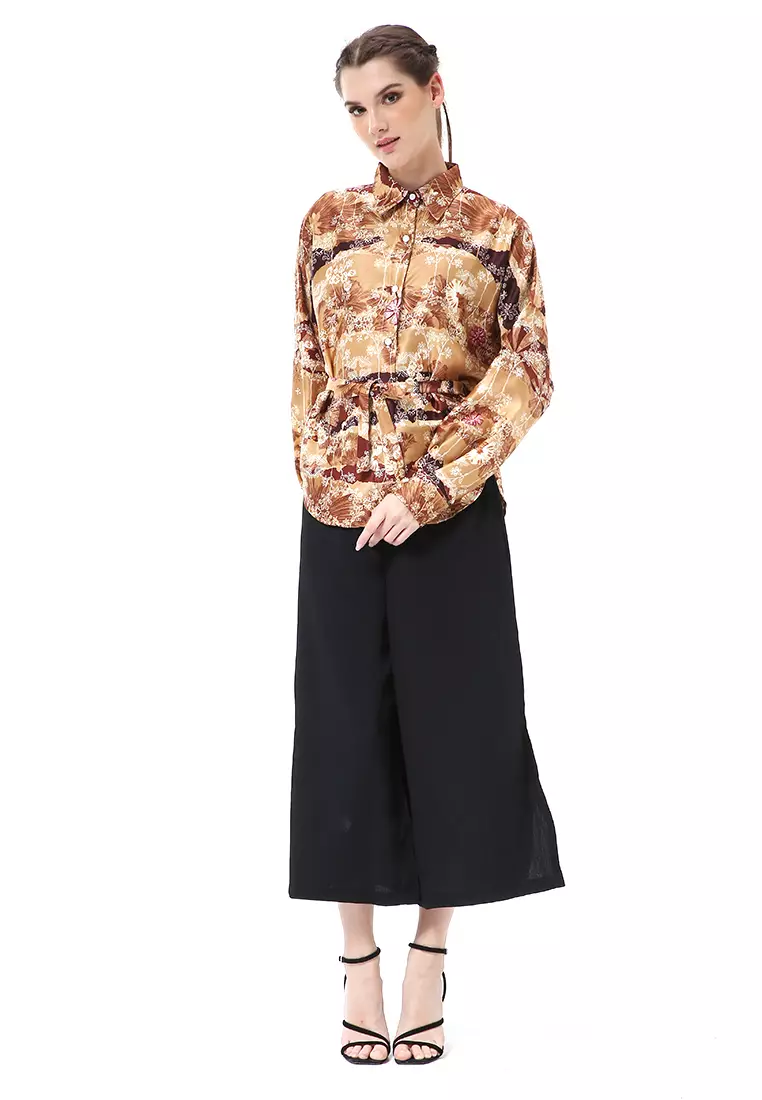Brielle Kemeja Wanita Lengan Panjang With Tali Pinggang Elegant Design Material Cotton ORIGINAL - Brown