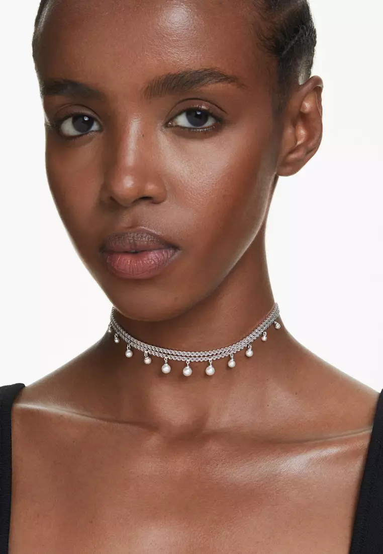 Ariana Grande x Swarovski choker, Crystal pearl, Round cut, White, Rhodium plated