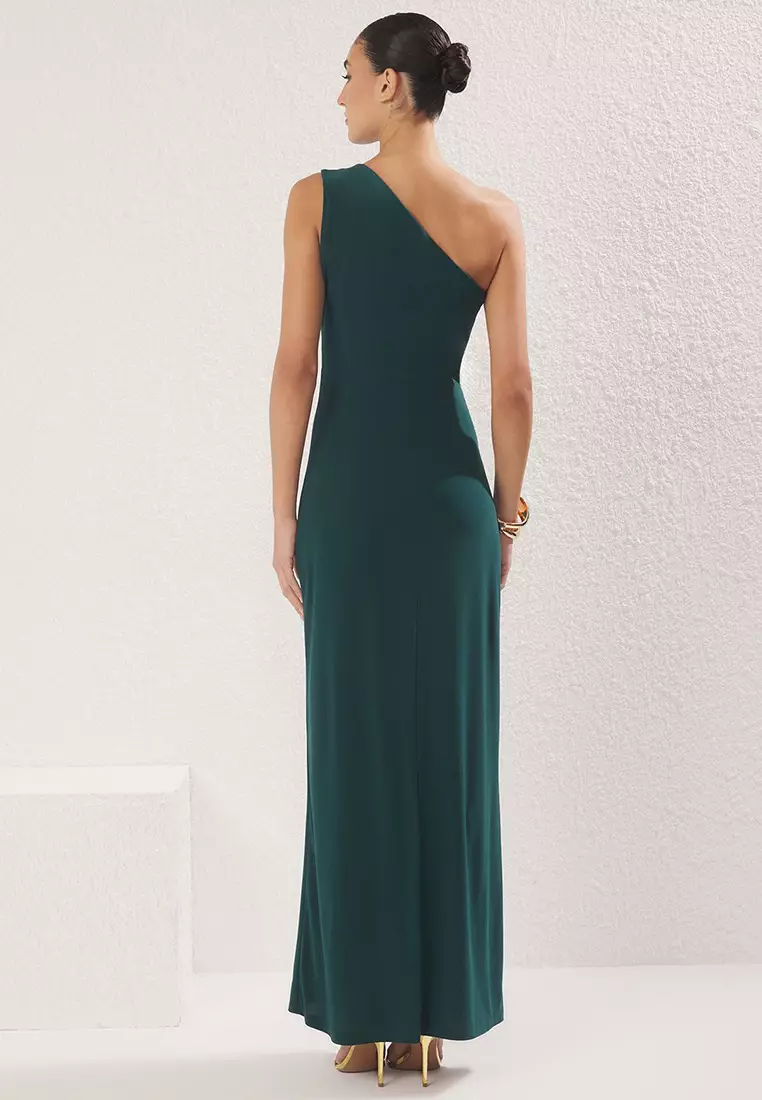 Emerald Green Body-fitting Accessory Detailed Knitted Long Evening Night Graduation Dress TPRSS25AE00016