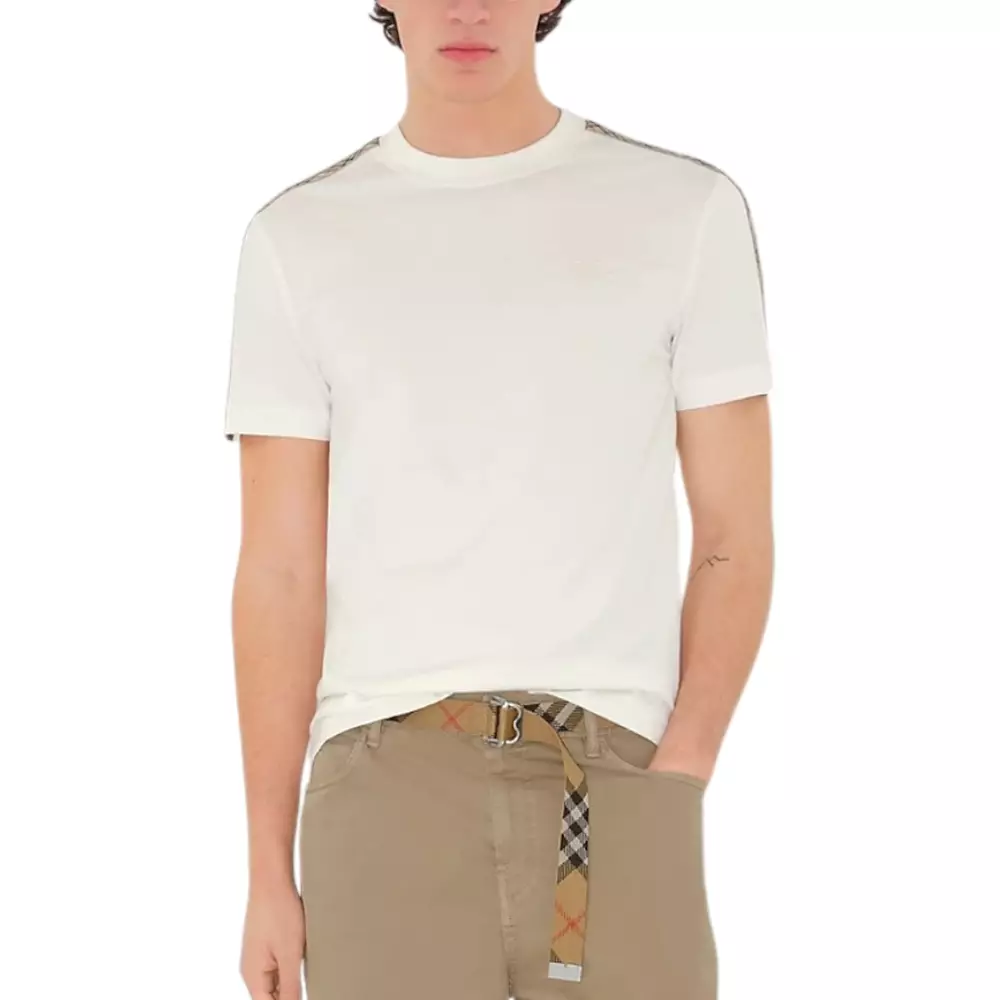 Check Trim Cotton T-Shirt Chalk