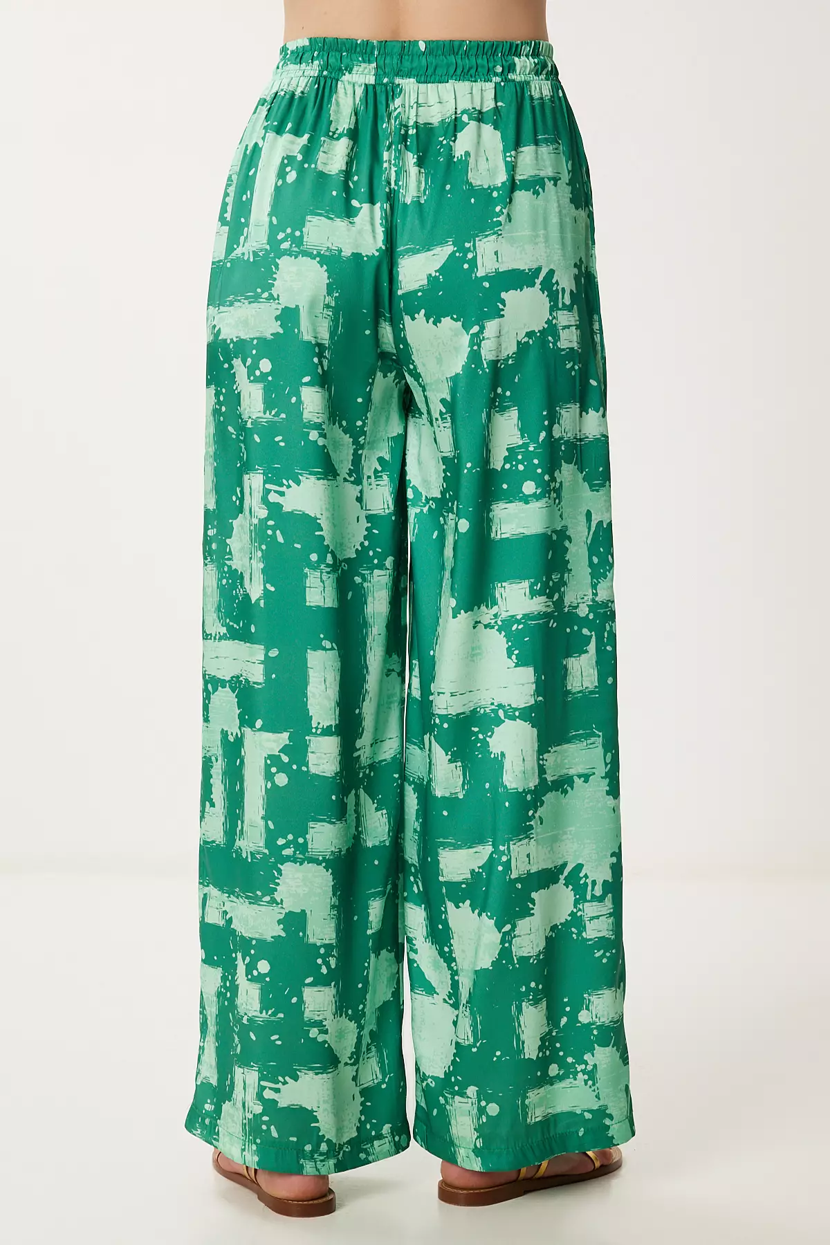 Women's Green Patterned Satin Shirt Pants Suit Fg00036