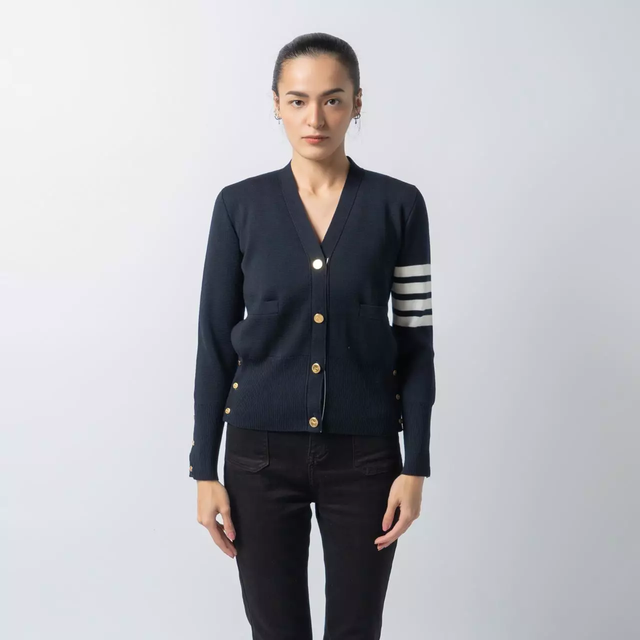 4-Bar Wool V-Neck Cardigan Navy