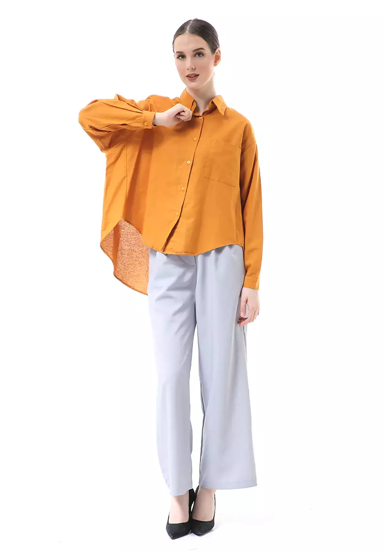 Nandira Kemeja Atasan Wanita Oversize Motif Polos Long Sleeve - Bata