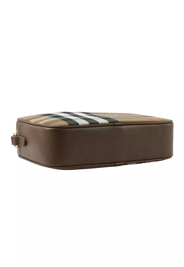 Large Check Canvas & Leather Camera Crossbody Bag in Brown 80844951