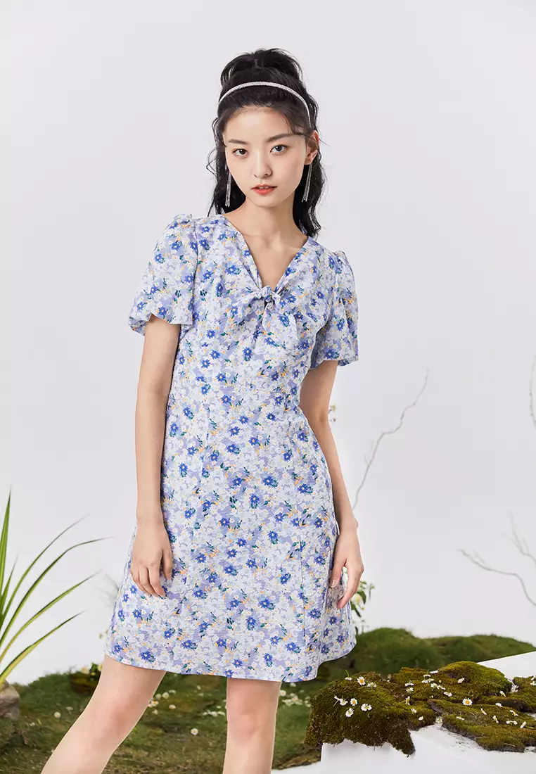 V-Neck Textured Floral Mini Dress