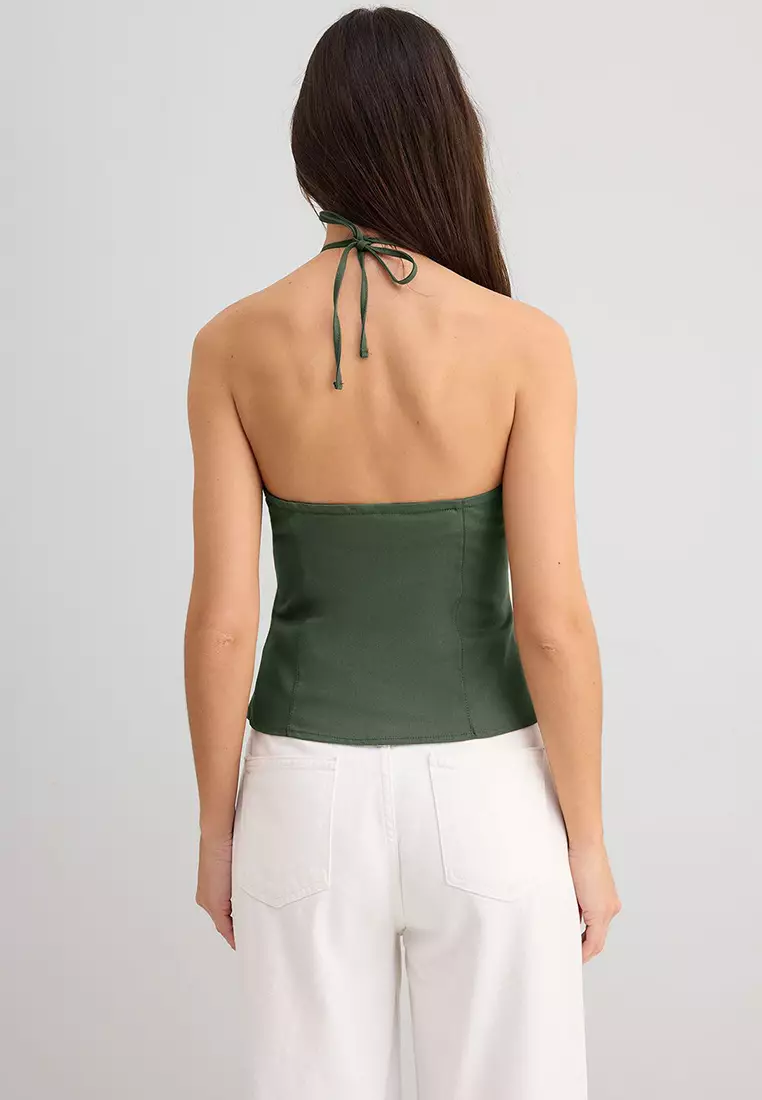Khaki Cotton Thin Gabardine Halter Neck Woven Blouse