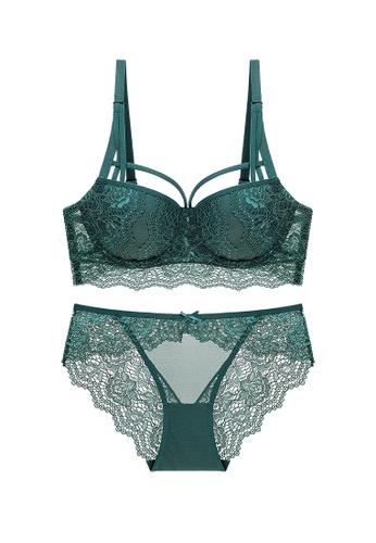 ZITIQUE green Women's 3/4 Cup Gathered Lace Lingerie Set (Bra And Underwear)  - Green E9B67US1648C41GS_1