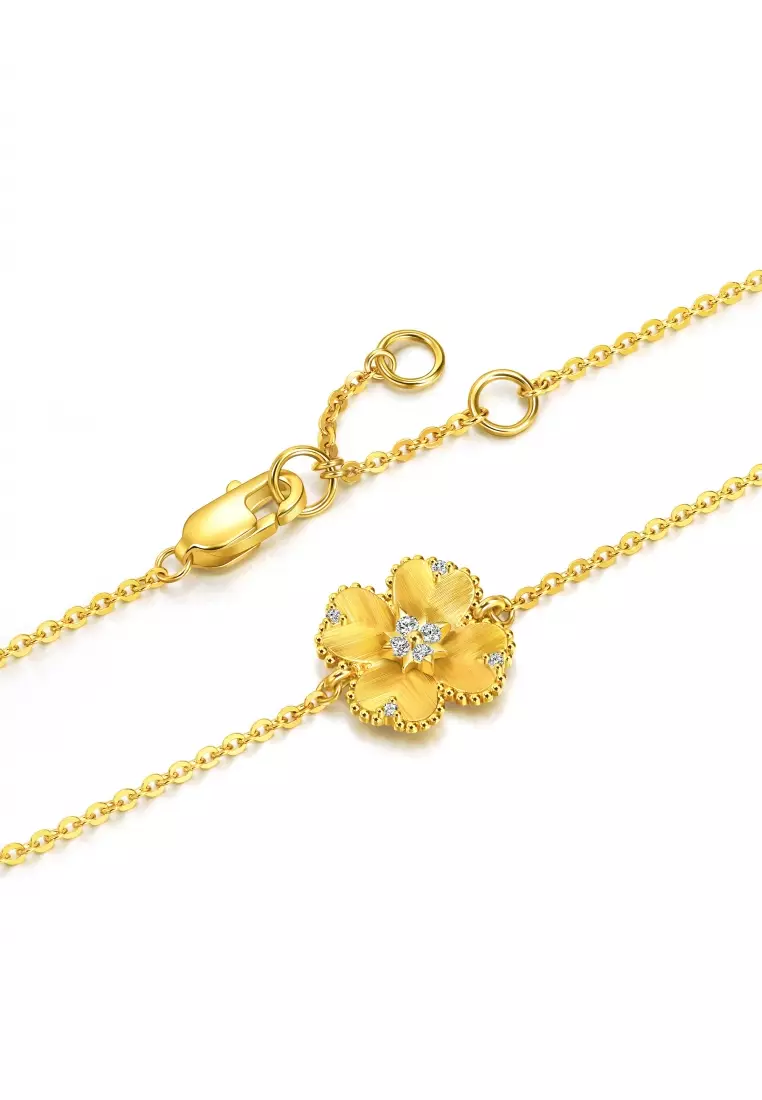 999 24K Solid Gold Rhyme Four-Leaf Clover Diamond Bracelet for Women 95101B
