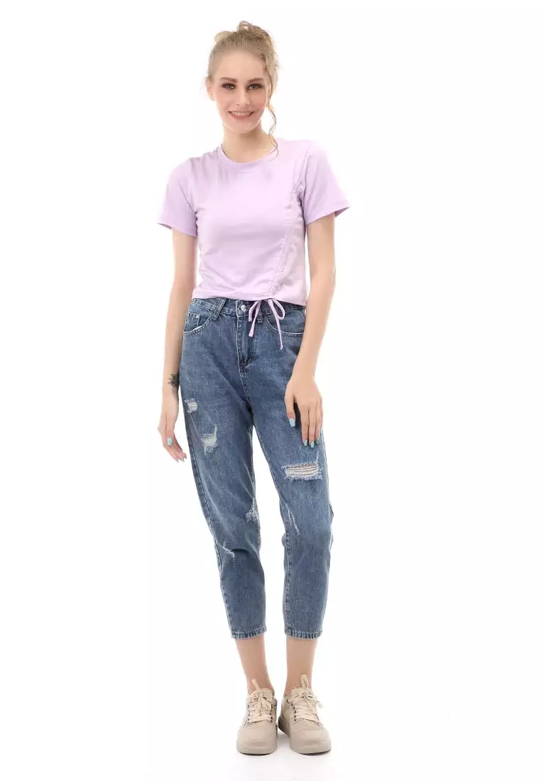 Genevie T-Shirt Kaos Crop Atasan Kasual Wanita Lengan Pendek Material Span Single Jersey ORIGINAL - Lilac