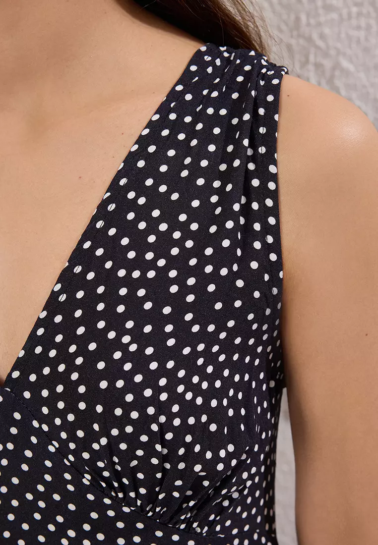 Navy Blue Polka Dot A Cut Midi Woven Dress TWOSS25EL00403