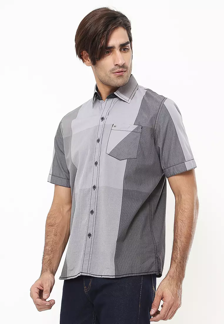 LGS - Regular Fit - Kemeja Casual - Motif Kotak - Kantong Satu - Abu