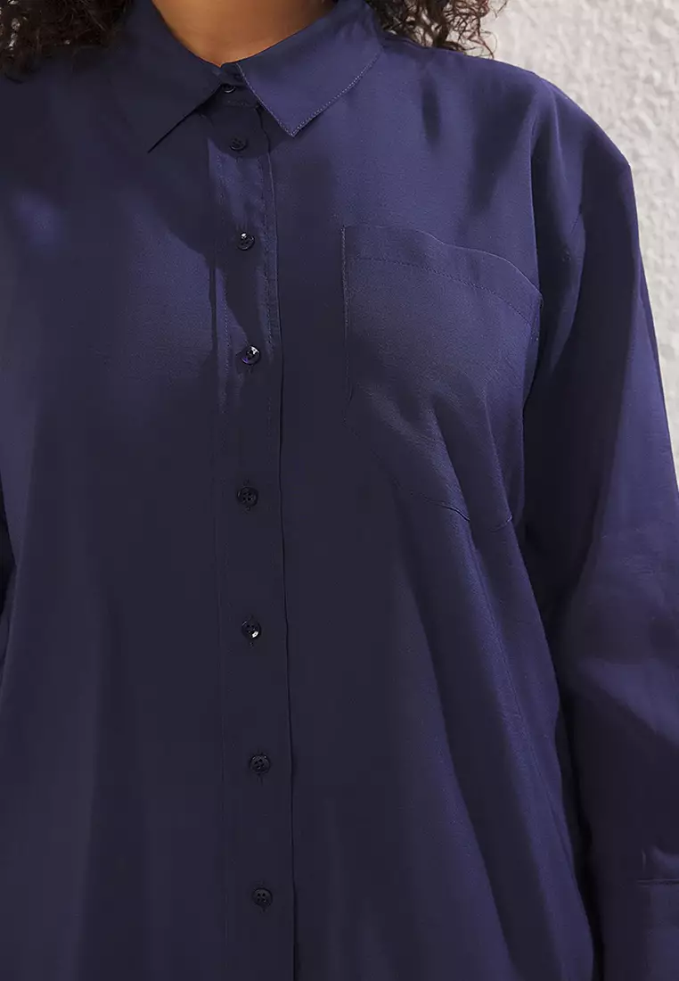 Navy Blue Tencel Soft Touch Woven Plus Size Shirt TBBSS25AX00004