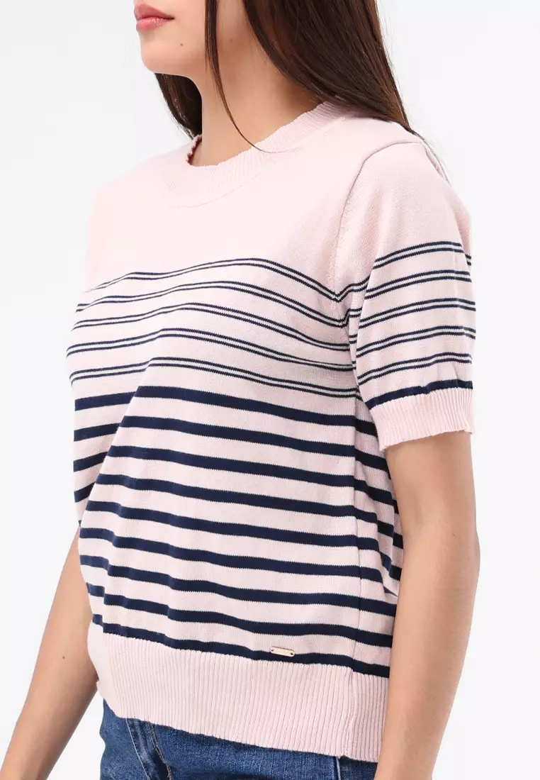 Knitted Stripes Short Sleeve Blouse