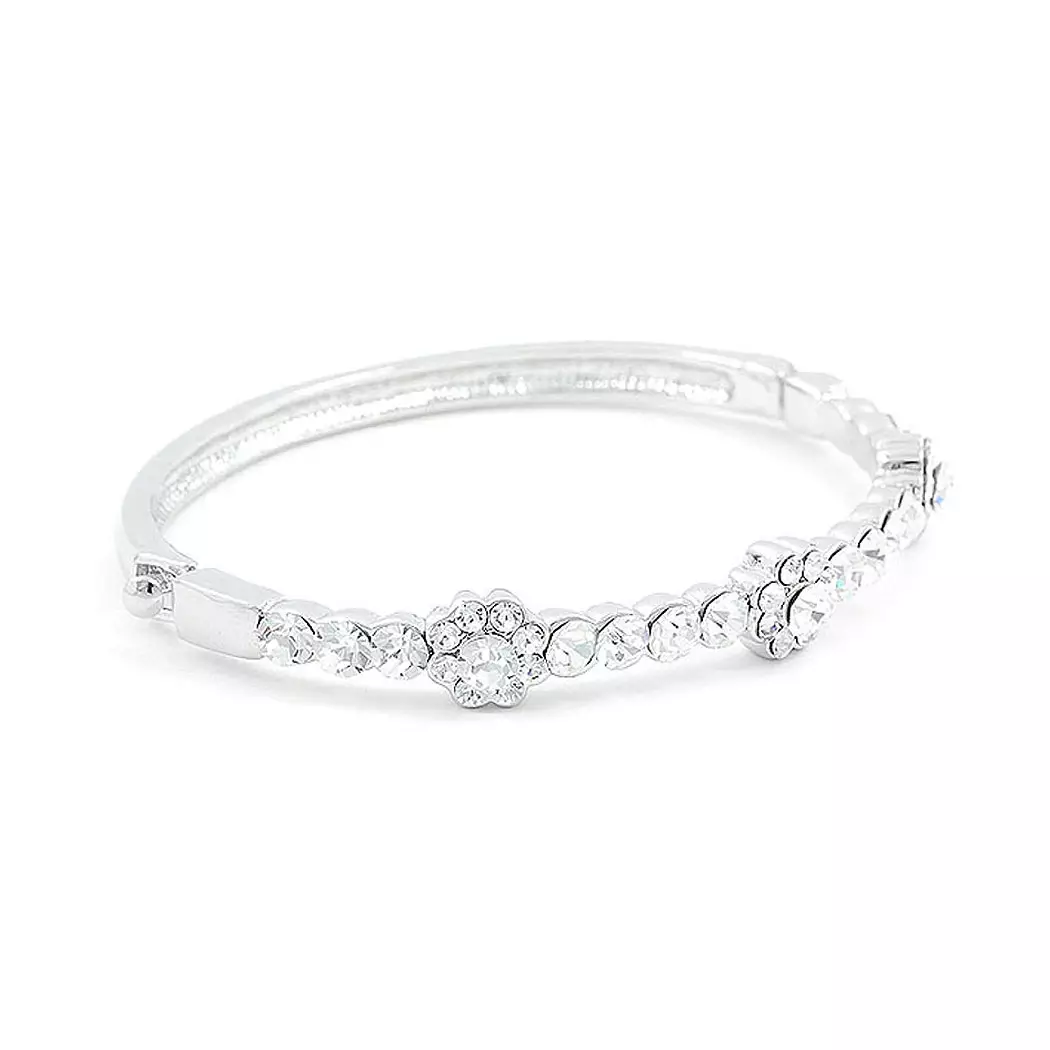 Elegant Flower Bangle with Silver Austrian Element Crystals
