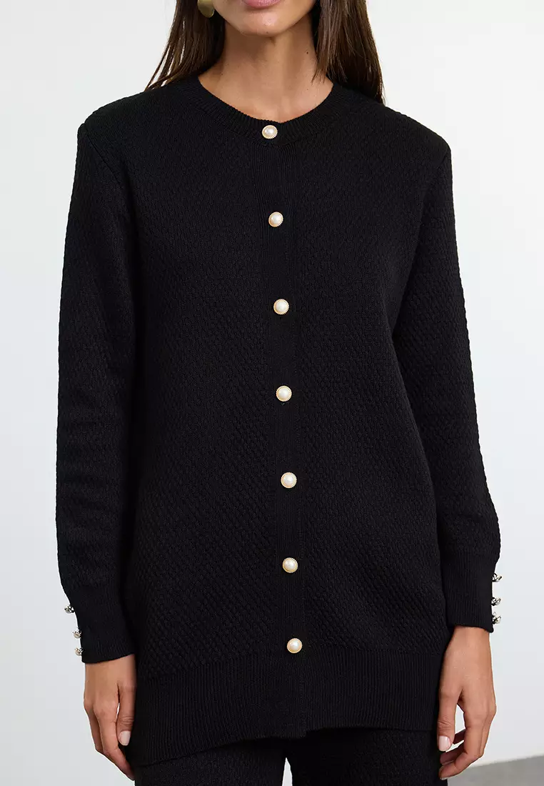 Black Pearl Buttoned Knitwear Top And Bottom Set Tctaw25Us00035